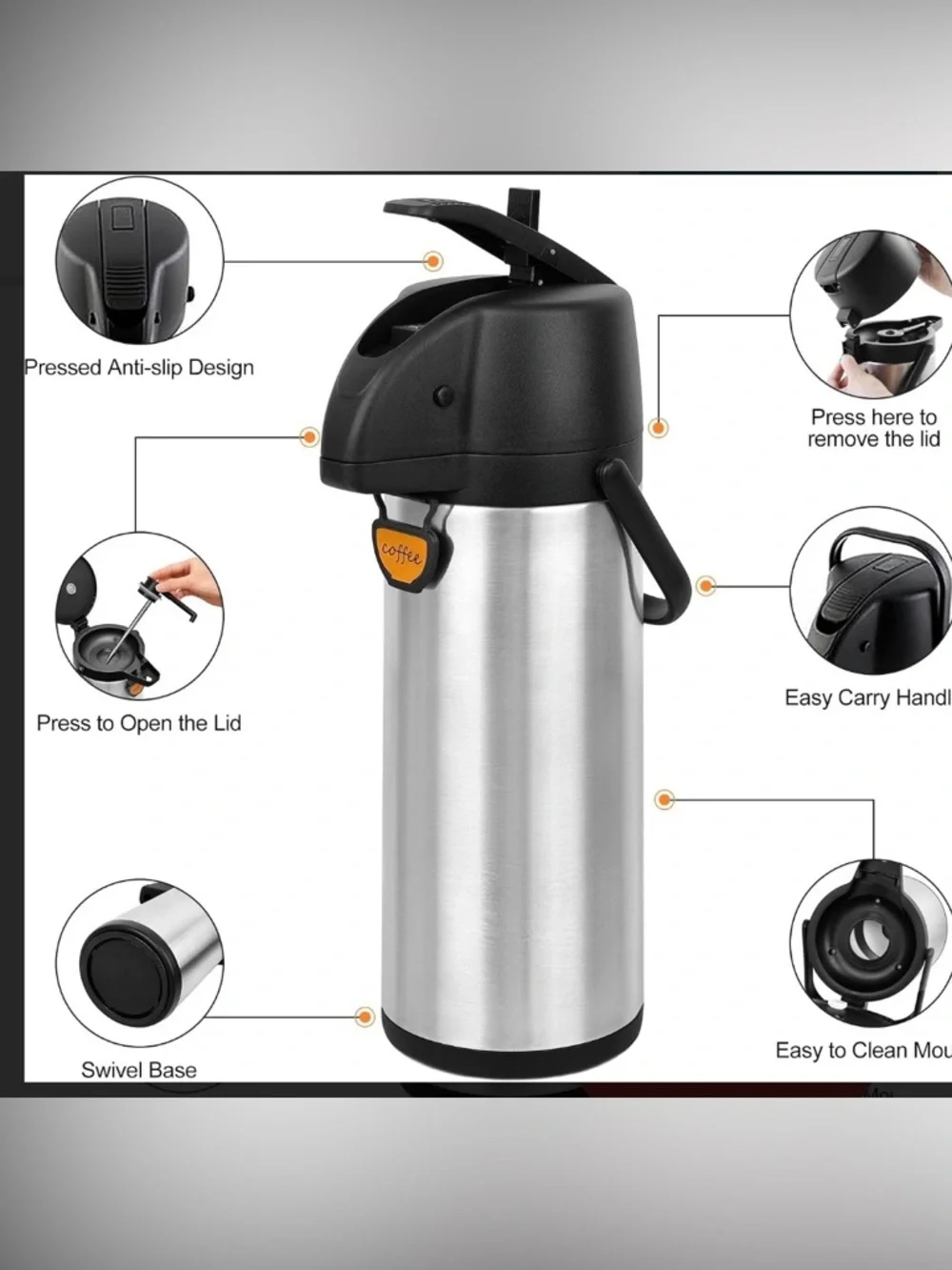 Tomakeit Airpot Coffee Dispenser with Stainless Steel Carafe - Black & Silver